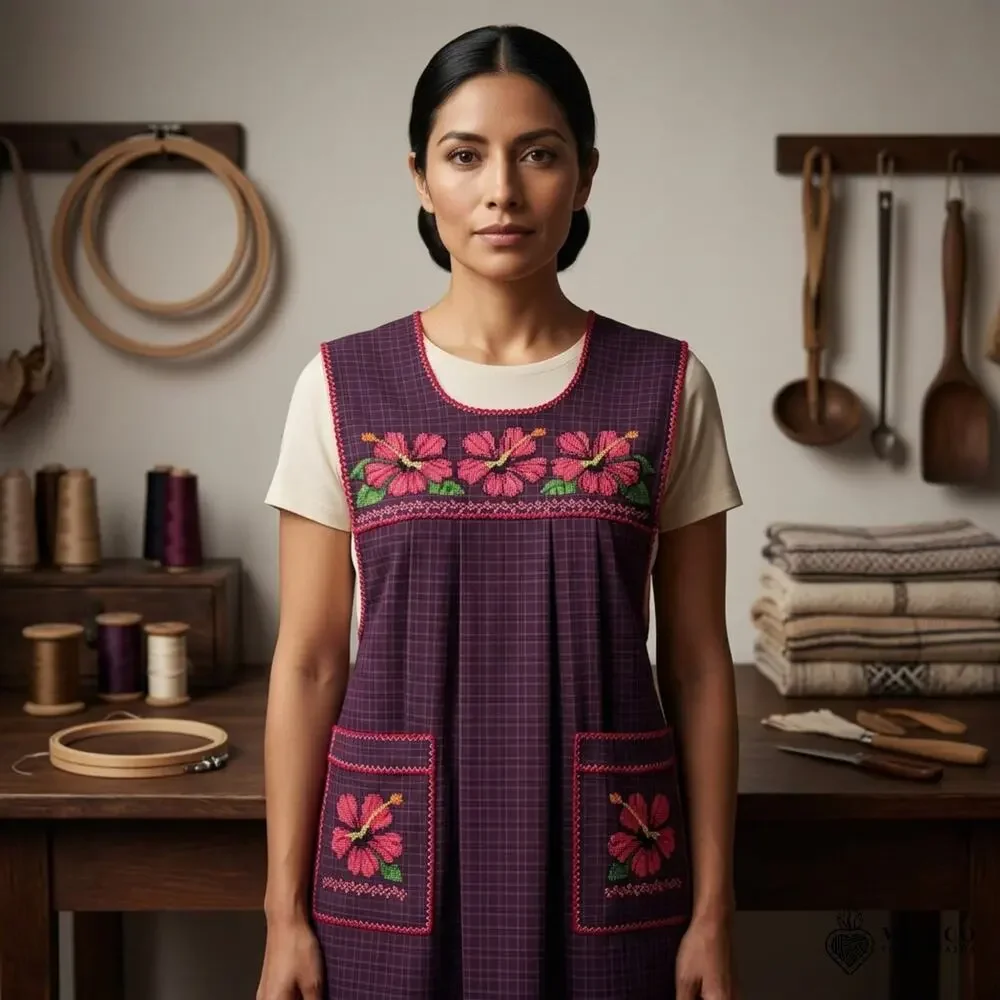 Traditional Mexican Cross-Stitch Embroidered Apron – Deluxe Artisan Smock Style